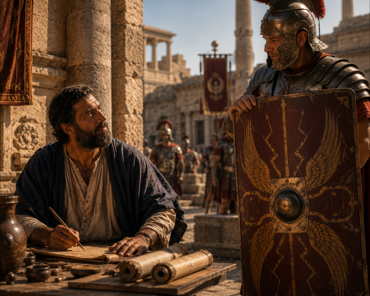Apostle Paul observing the large Roman shield of faith