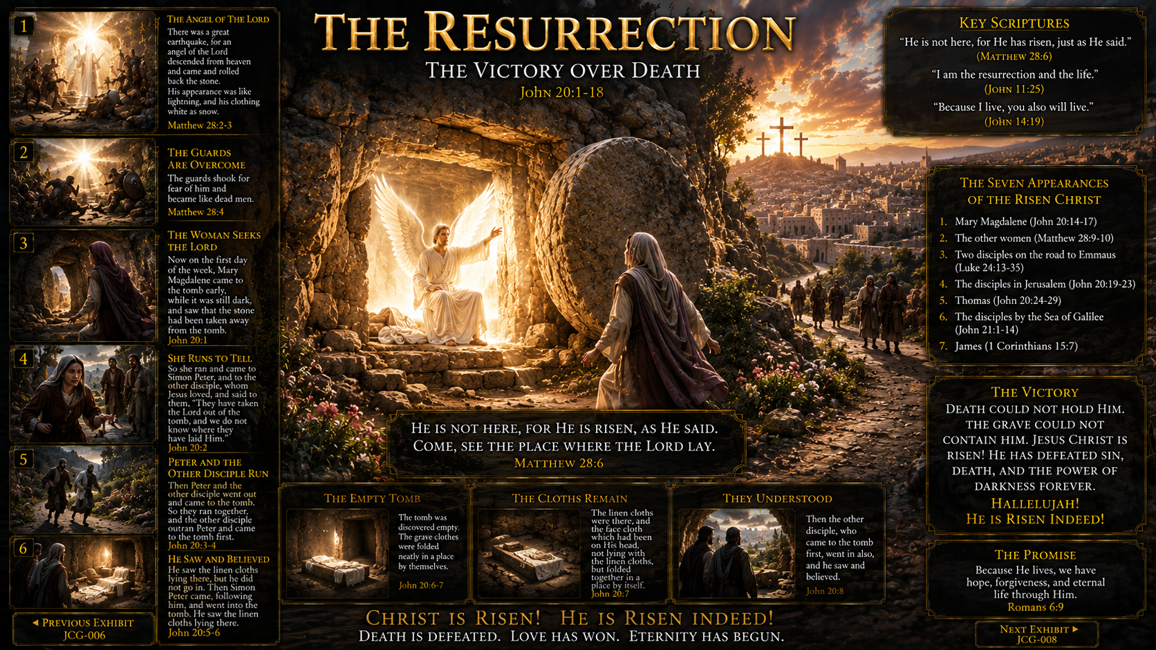 The resurrection of Jesus with the angel, rolled-away stone, fallen guards, Mary Magdalene, and the empty tomb