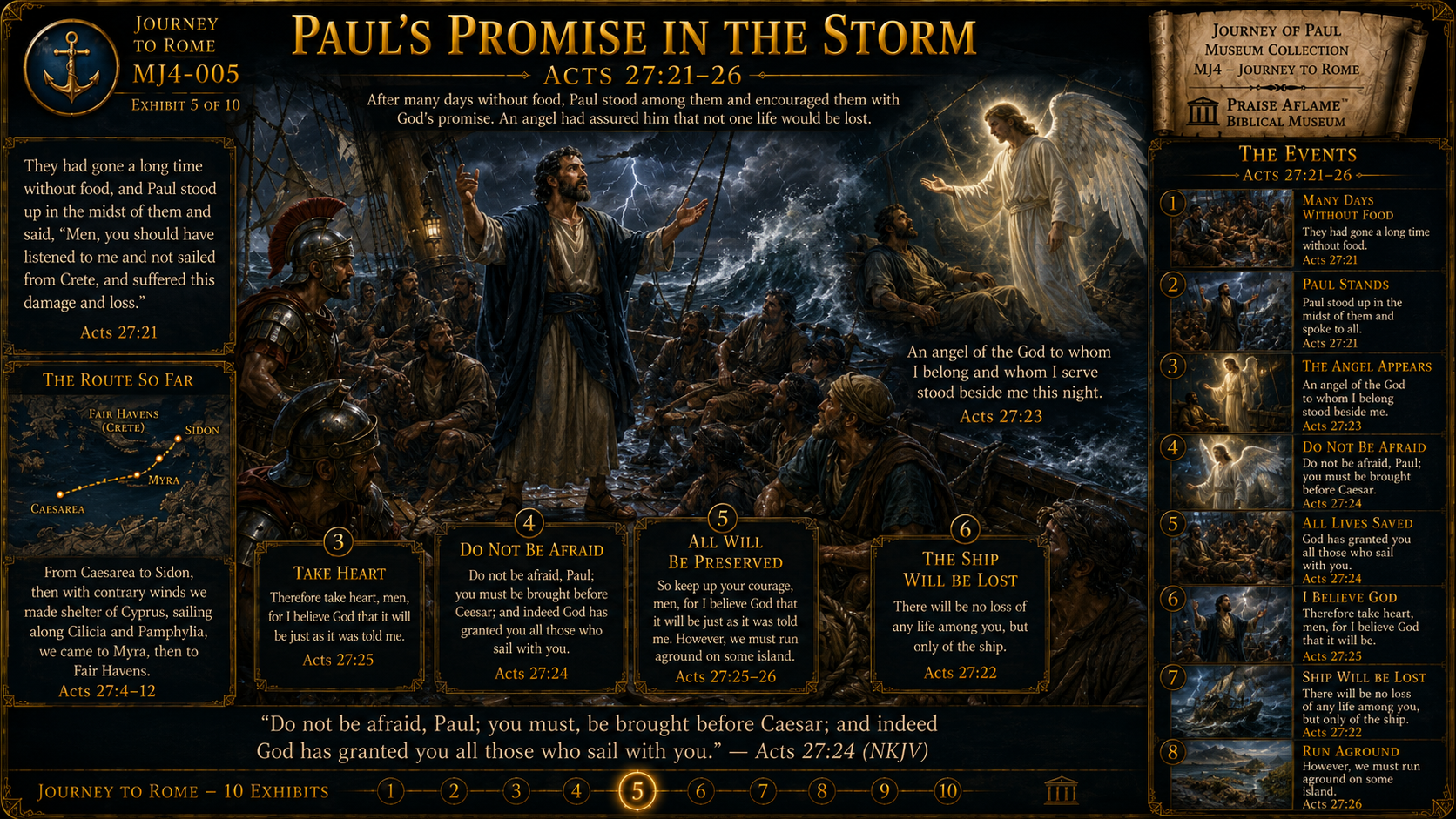 Museum reconstruction of Paul encouraging those aboard the storm-tossed ship after receiving God's promise through an angel