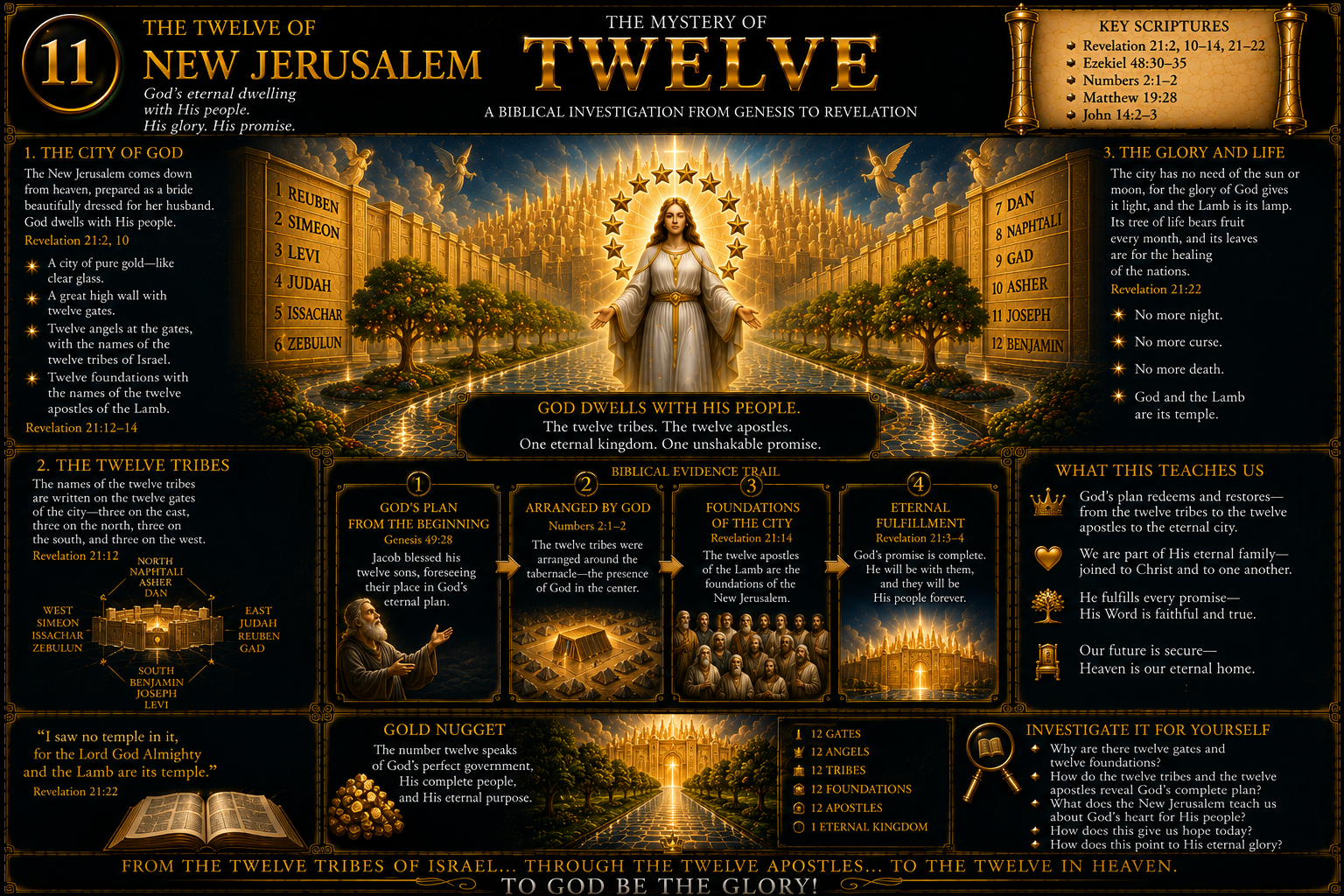 The New Jerusalem with twelve gates, names of the twelve tribes, and twelve foundations bearing the names of the apostles