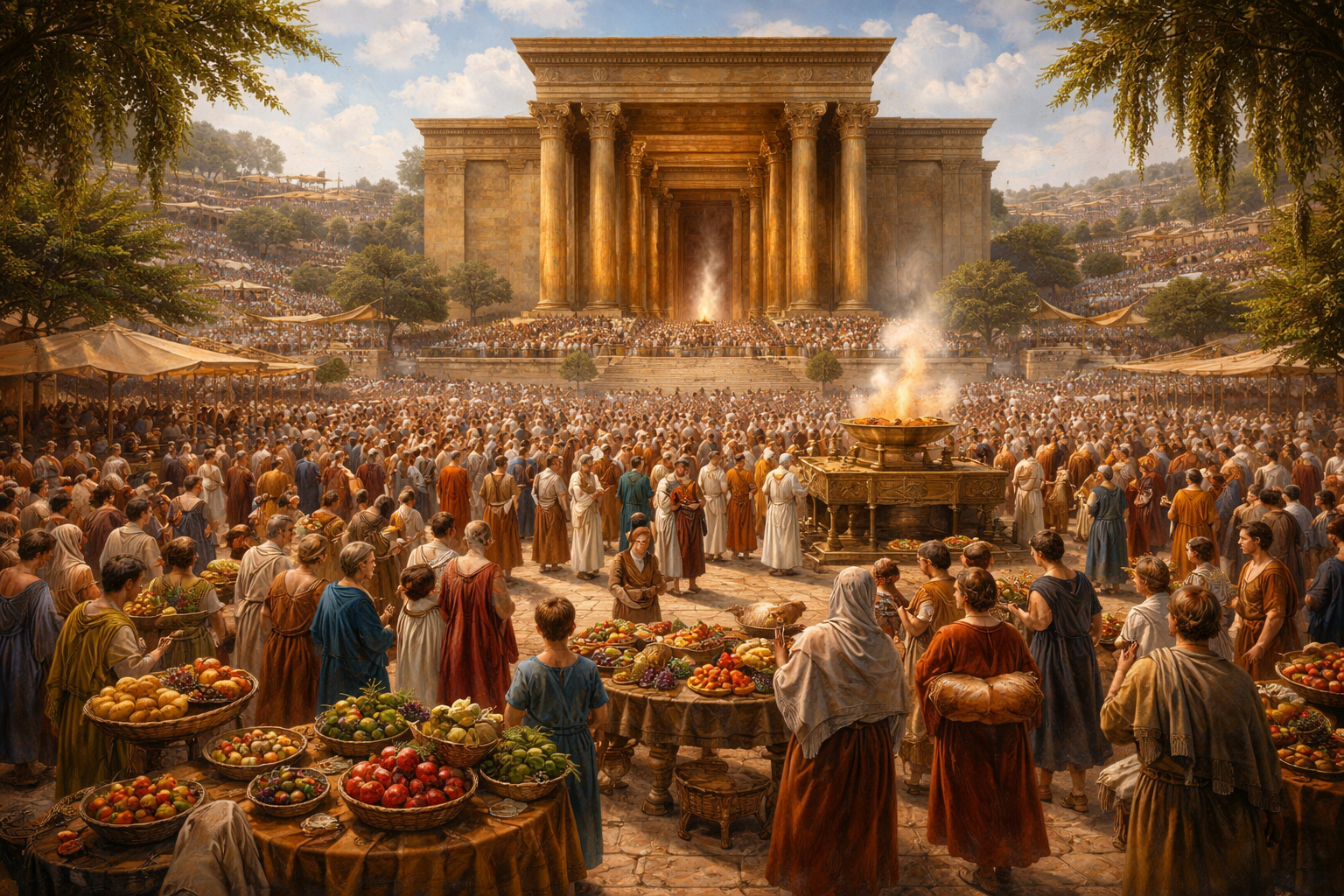 Crowds gathered before the temple